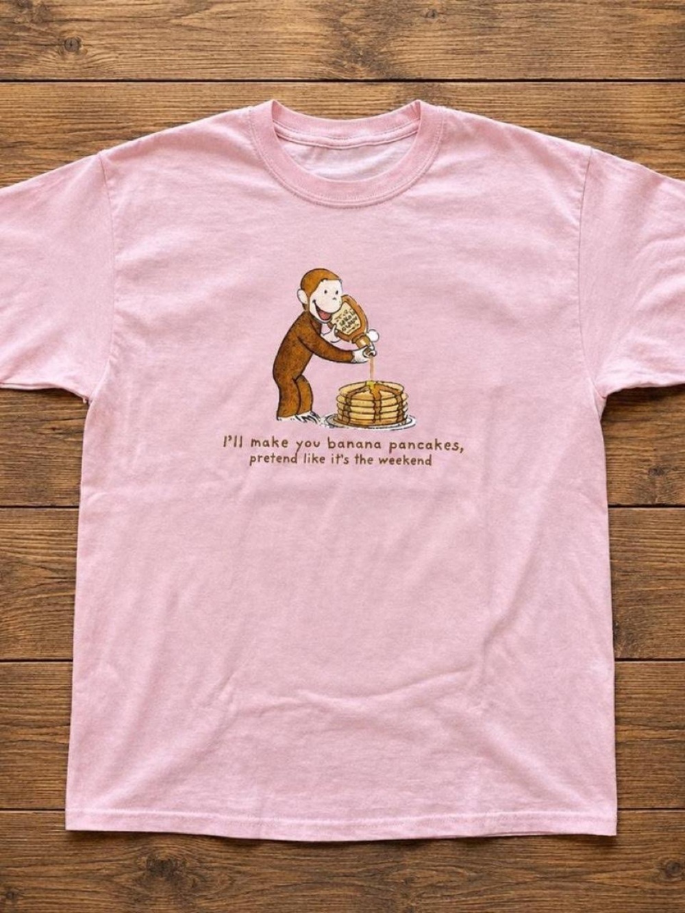 Gildan Pink Curious Monkey Pancake Graphic Tee